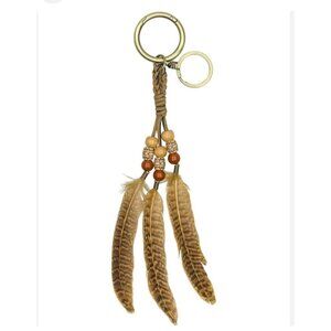 Patricia Nash Gold Metal Leather Keychain Handbag Charm Beads W Feathers Tan